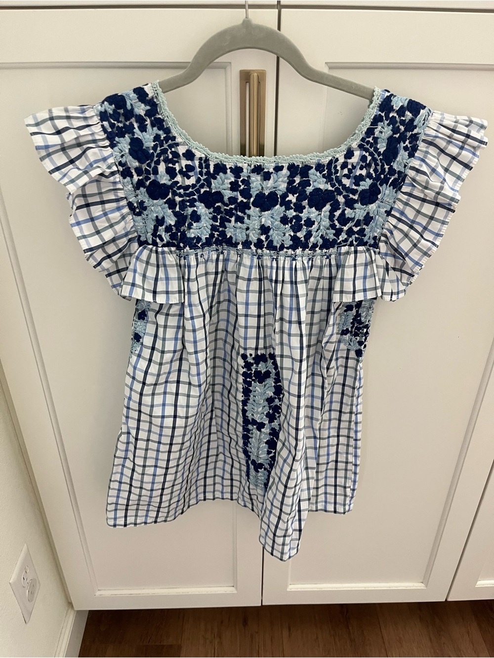 Mi Golondrina Navy and Light Blue Embroidered Check Peasant Top